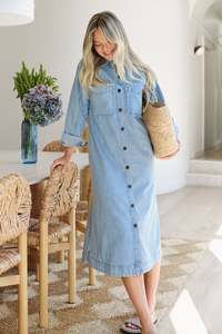 Long Sleeve Yoke Detail Midi Dress – Vintage Blue