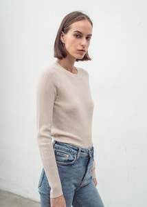 Aleger Cashmere: N.31 Cashmere Blend Skinny Rib Crew Long Sleeve – Light Shell