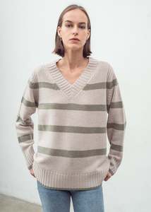 Aleger Cashmere: N.327 Cashmere Blend Stripe V-Neck Jumper – Woodland