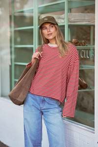 Fashion Womens: Beau Long Sleeve Slouchy Tee – Mulberry/red/stone