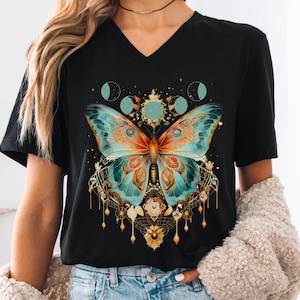 Whimsical Witchy: Mystical and Whimsical Butterfly V-Neck Shirt