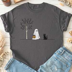 Little Ghost and Black Cat Halloween T-Shirt