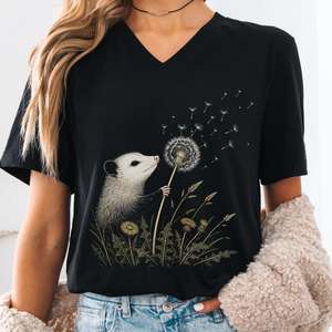 V Neck Tees: Opossum Making a Dandelion Wish V-Neck