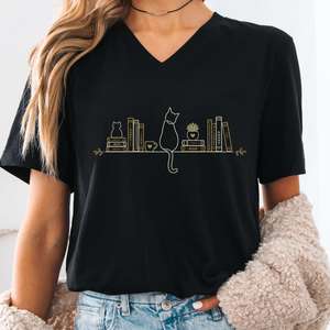 V Neck Tees: Book Shelf & Cat Bookish V-Neck
