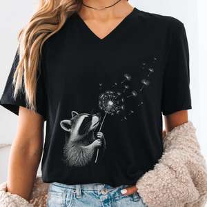 V Neck Tees: Dandelion Wish Whimsical Raccoon V-Neck
