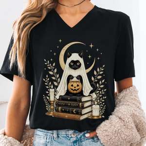 Ghost Cat and Books Halloween V-Neck