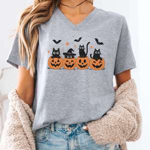 V Neck Tees: Black Cats And Their Pumpkins V-Neck