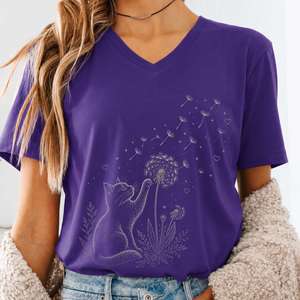 V Neck Tees: Kitten Batting A Dandelion For A Wish V-Neck