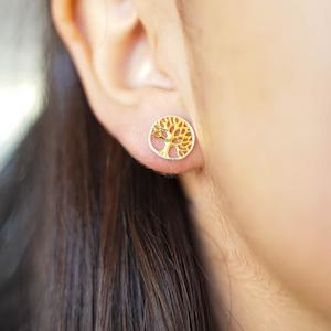 Stud Earrings: Tree of Life Circle Gold Plated Studs