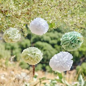 Party Decorations: Sage & White Pom Pom Hanging Decorations 5pk