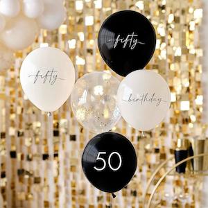 Printed Balloons: Black, Nude, Cream & Champagne Gold 50th Birthday Balloons 5pk