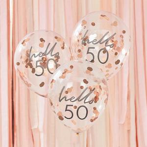 Confetti Balloons: Hello 50 Rose Gold Confetti Balloons 5pk