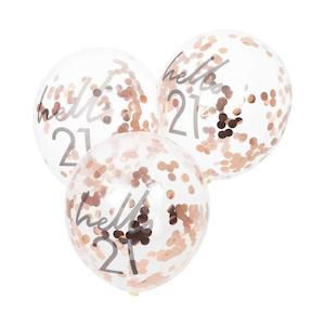 Hello 21 Rose Gold Confetti Balloons 5pk