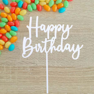 White: White Happy Birthday Acrylic Cake Topper