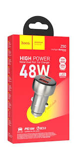 Car Phone Holder: Hoco 48W PD+QC Metallic Super Fast Car Charger w/ LED Display (Z50) Car Charger