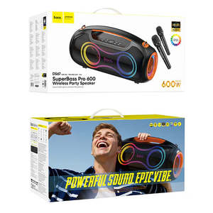 Speaker: HOCO 600W Bluetooth Party Speaker with 2 Wireless Microphones, RGB Light, 6000mAh Battery, IPX5 Waterproof, Brand New