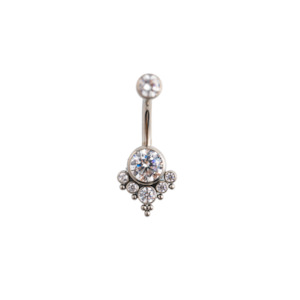 Naval Jewellery: Titanium Internally Threaded with Tri Bead Bezel Set CZ Terraced Cluster Navel Curve