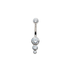 Navel jewellery: Titanium Internally Threaded with Bezel Set CZ 3-Drop Cluster Navel Curve