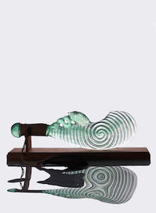 Mike Cameron: Green Lead Crystal Glass Wahaika  with a Pūkaiora (figure) on an Oak base