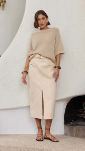 Bottoms: Ines Denim Midi Dress Cream