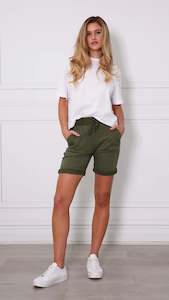 Bottoms: Riley Stretch Denim Shorts Khaki