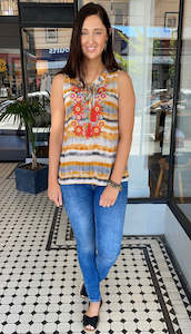 Short Sleeve: Tie Dye Embroidered Sleeveless Top Marigold