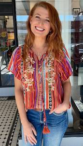 Mexicali Embroidered Tie Front Top Multi