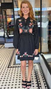 Polly Long Sleeve Embroidered Dress Black Dot