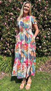 Tilly Tiered Midi Dress Fuchsia Print