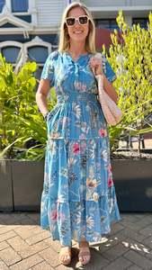 Tilly Tiered Midi Dress Blue Print