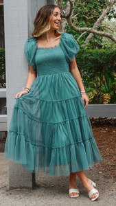 Penelope Tulle Puff Sleeve Dress Sage