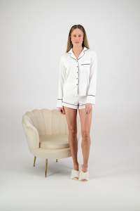 Satin Short Set: Madison Long Sleeve Top with Short PJ Set - White/ Black