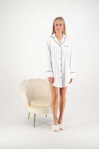 Pajama Sets: Gemma Nightie Shirt - White/ Black Piping