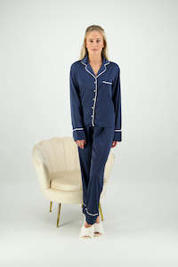 Long Pyjama Sets: Georgie Long PJ Set - Navy/ White