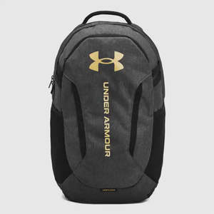 Sports Gear Bags: Under Armour Hustle 6.0 Backpack - Black/Heather Grey/Gold