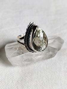 Amethyst Pieces: Sterling Silver Bezel Set and Detailed Prasiolite (Green Amethyst) Ring - One off