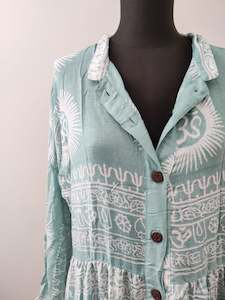 Dresses: Long Sleeve Frill Ohm Cotton Maxi Dress