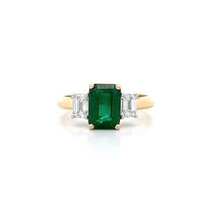 Ready To Ship Rings: Emerald and Diamond Three Stone Ring in Yellow Gold | 2.39ctw