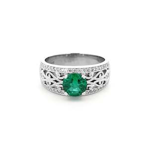 Ready To Ship Rings: Emerald and Diamond Filigree Solitaire Ring in White Gold | 0.98ct