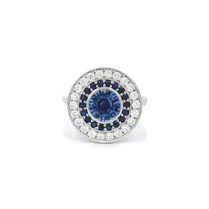 Aegis: Sapphire and Diamond Double Halo Ring in Platinum