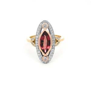 Inspiration Gallery: Vintage-Style Garnet and Diamond Halo Ring in Yellow Gold | 1.44ct