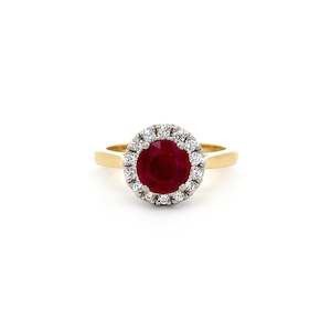 Ruby Engagement Rings: Luminous: Ruby and Diamond Halo Ring in Yellow Gold | 1.21ct