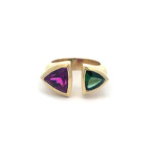 Tourmaline & Garnet Two Stone Ring in Yellow Gold | 4.37ctw
