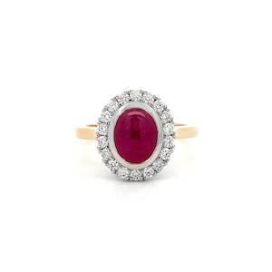 Dress Rings: Cabochon Cut Ruby and Diamond Halo Ring in Yellow Gold | 2.26ctw