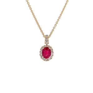 Pendants Necklaces: Ruby and Diamond Halo Pendant in Yellow Gold | 1.76ctw