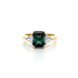 Tourmaline and Trilliant Cut Diamond Three Stone Ring in Yellow Gold | 2.39ctw