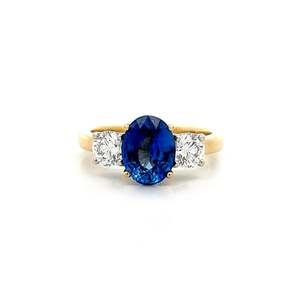 Ready To Ship Rings: Ceylon Blue Sapphire and Diamond Three Stone Ring in Yellow Gold | 3.16ctw