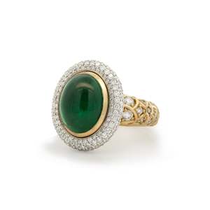 Ready To Ship Rings: Cleo: Zambian Emerald and Diamond Halo Ring with Diamond Detailed Shoulders in Yellow Gold | 8.30ct