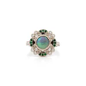 Ready To Ship Rings: Opal, Diamond and Emerald Vintage Cluster Ring in White Gold | 0.12ctw