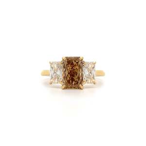 Radiant Cut Cognac Diamond Three Stone Ring in Yellow Gold | 2.72ctw